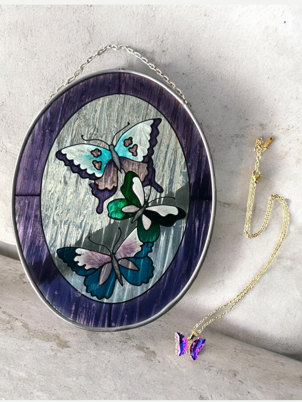 Vintage Stained Glass Butterfly Suncatcher/Crystal Butterfly Necklace Lot